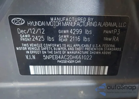 2013 Hyundai Sonata Gls z USA, uszkodzony, nr VIN 5NPEB4AC2DH661022